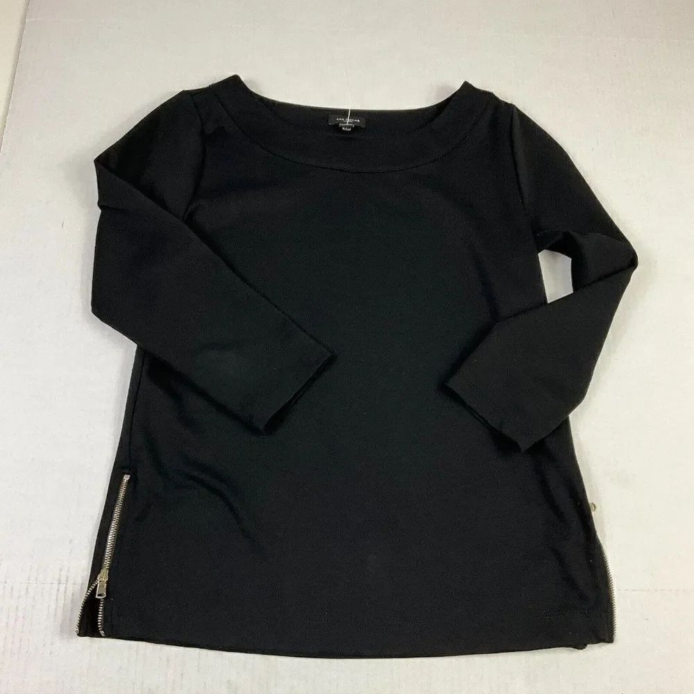 Ann Taylor Boat Neck Knit Top Black Zip Hem 3/4 Sleeve Stretch Shirt Size XS